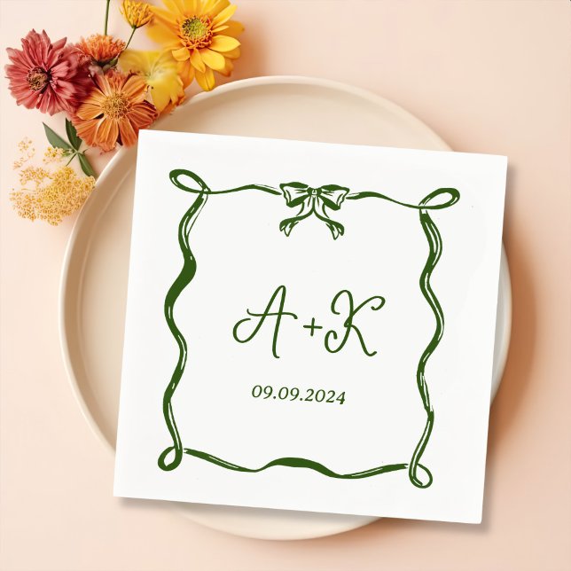Hand Drawn French Green Wedding Monogram Napkins (Creator Uploaded)