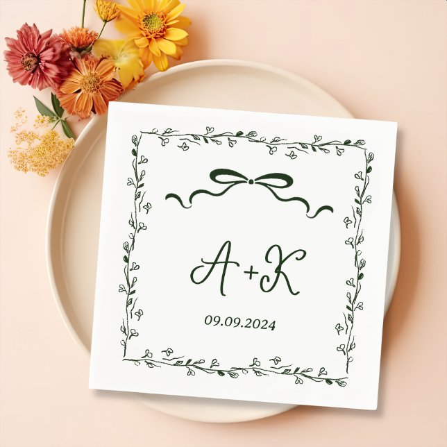 Hand Drawn French Green Wedding Monogram Napkins (Creator Uploaded)