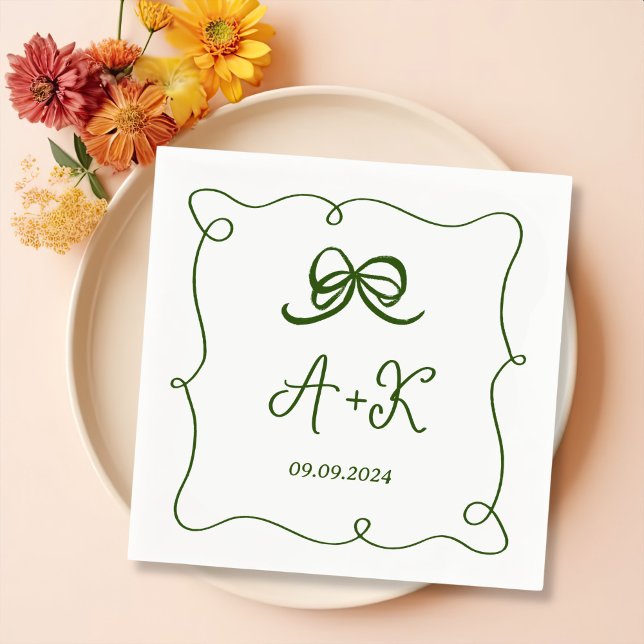 Hand Drawn French Green Wedding Monogram Napkins (Creator Uploaded)