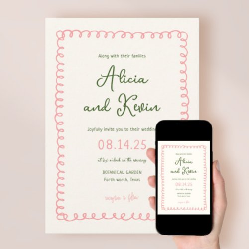 Hand Drawn French Pink and Green Wedding Invitation