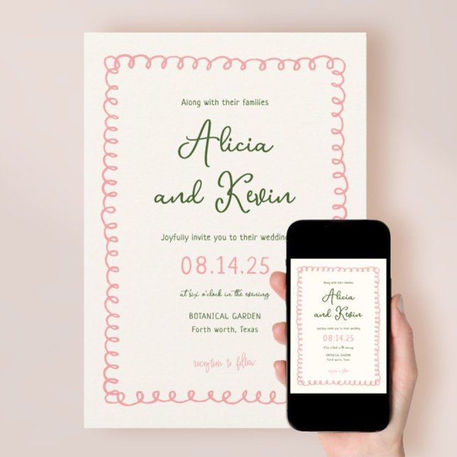 Hand Drawn French Pink and Green Wedding Invitation (Creator Uploaded)