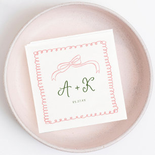 Hand Drawn French Pink and Green Wedding Monogram Napkins