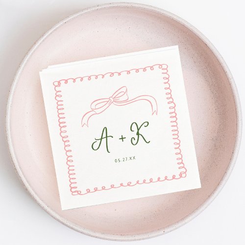 Hand Drawn French Pink and Green Wedding Monogram Napkins
