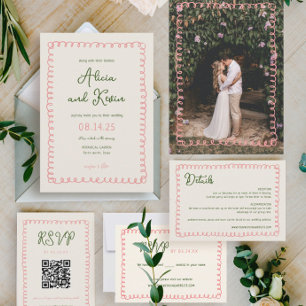 Hand Drawn French Pink and Green Wedding Photo Invitation