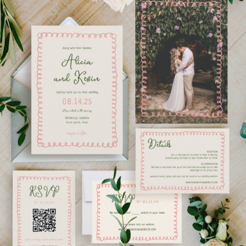 Hand Drawn French Pink and Green Wedding Photo Invitation
