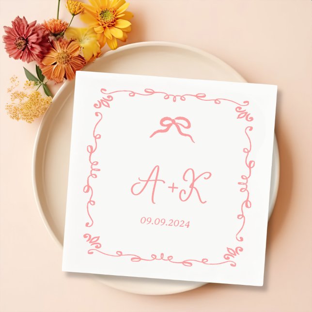 Hand Drawn French Pink Wedding Monogram Napkins (Creator Uploaded)