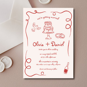 Hand Drawn French Quirky Red Whimsical Wedding Invitation