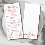 Hand Drawn French Red Whimsical Wedding Menu<br><div class="desc">Hand Drawn French Italian Whimsical Wedding Dinner Menu. This charming wedding menu card features a playful yet elegant design with a hand drawn place setting illustration at the top and a champagne bottle with a glass at the bottom, accented by scattered hearts for a romantic touch. The front of the...</div>