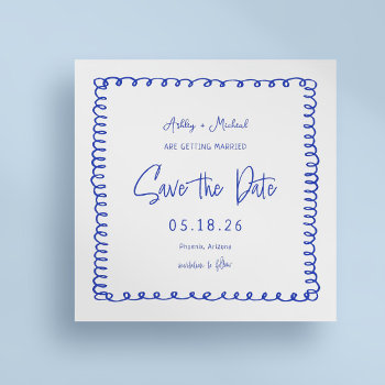Hand Drawn French Square  Blue Wedding Save The Date by SweetRainDesign at Zazzle