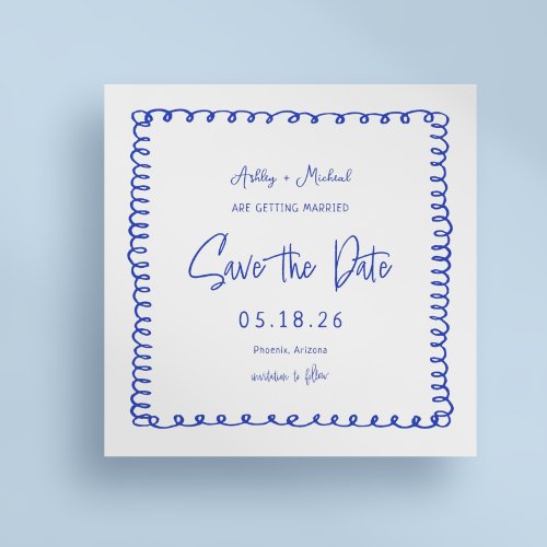 Hand Drawn French Square  Blue Wedding Save The Date