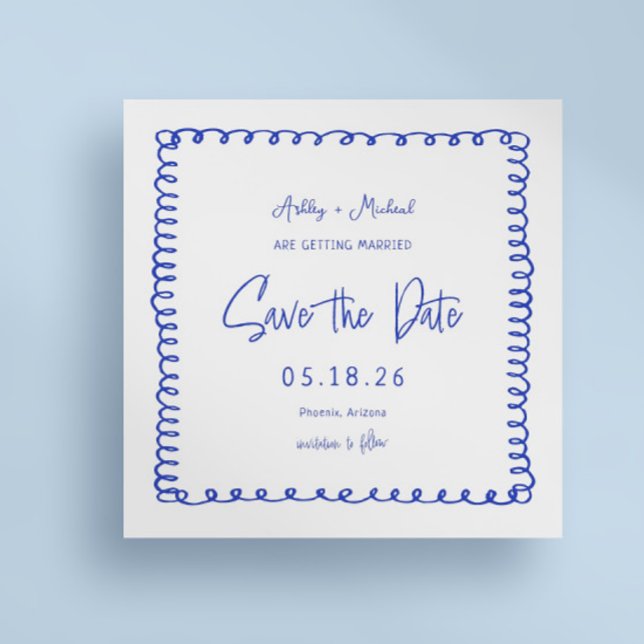 Hand Drawn French Square  Blue Wedding Save The Date (Creator Uploaded)