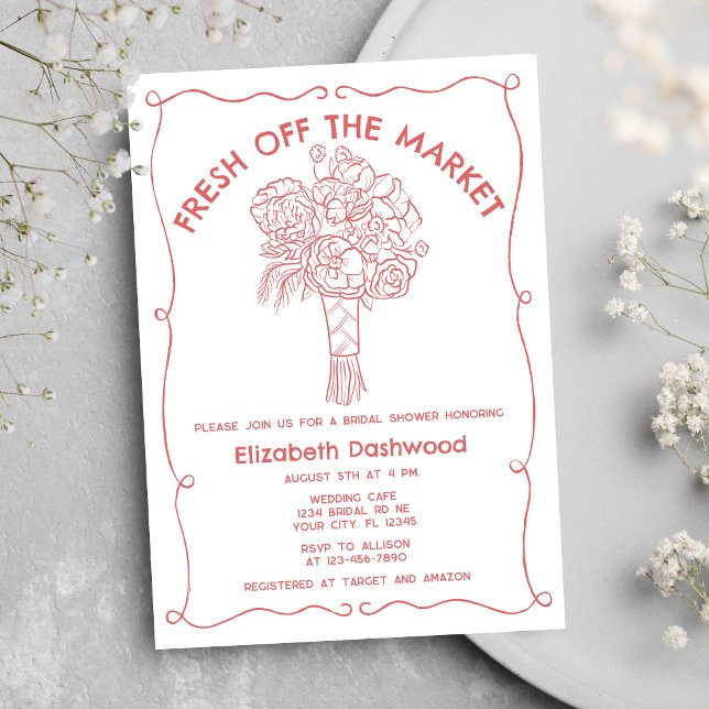 Hand Drawn Fresh Off Market Coral Bridal Shower Invitation (Creator Uploaded)