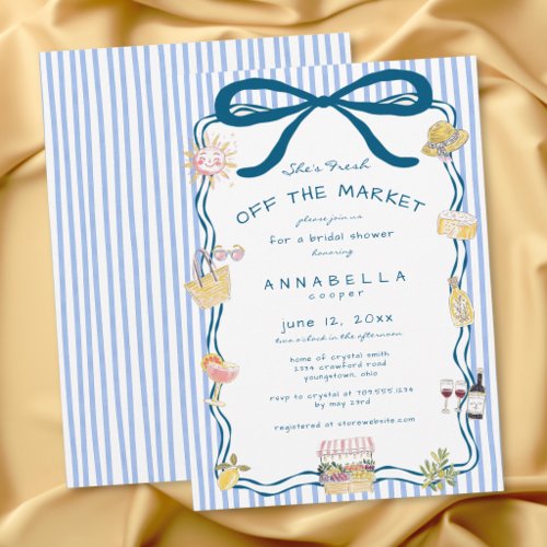 Hand Drawn Fresh Off the Market Blue Bridal Shower Invitation