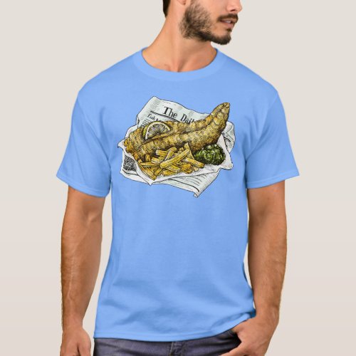 Hand Drawn Fried Fish  Chips  T_Shirt