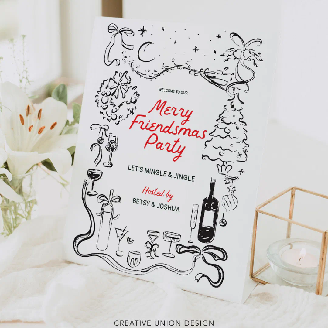 Hand Drawn Friendsmas Christmas Party Welcome Pedestal Sign
