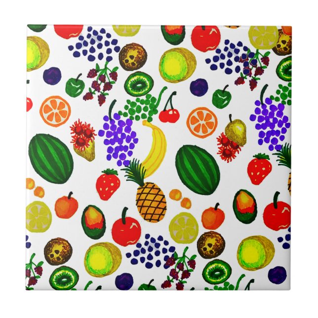 Hand Drawn Fruit Medley Pattern Ceramic Tile (Front)