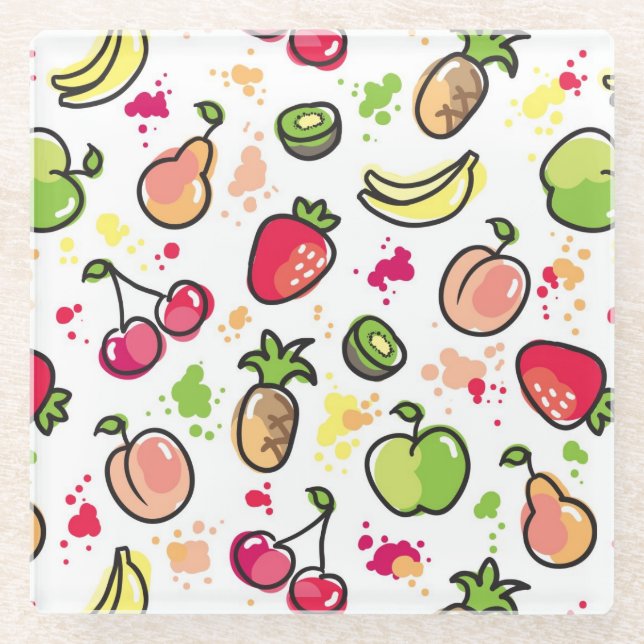 hand drawn fruits pattern glass coaster (Front)
