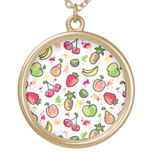 hand drawn fruits pattern gold plated necklace