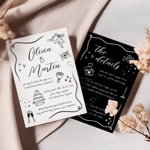 Hand drawn Fun Doodle Black and White Wedding Invitation