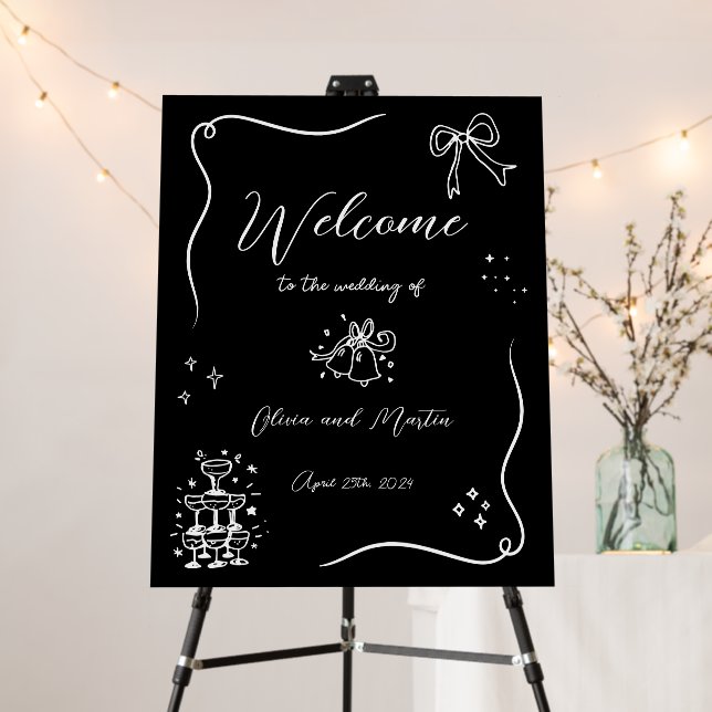 Hand drawn Fun Doodle Black Wedding Welcome Foam Board (In Situ (Stand))