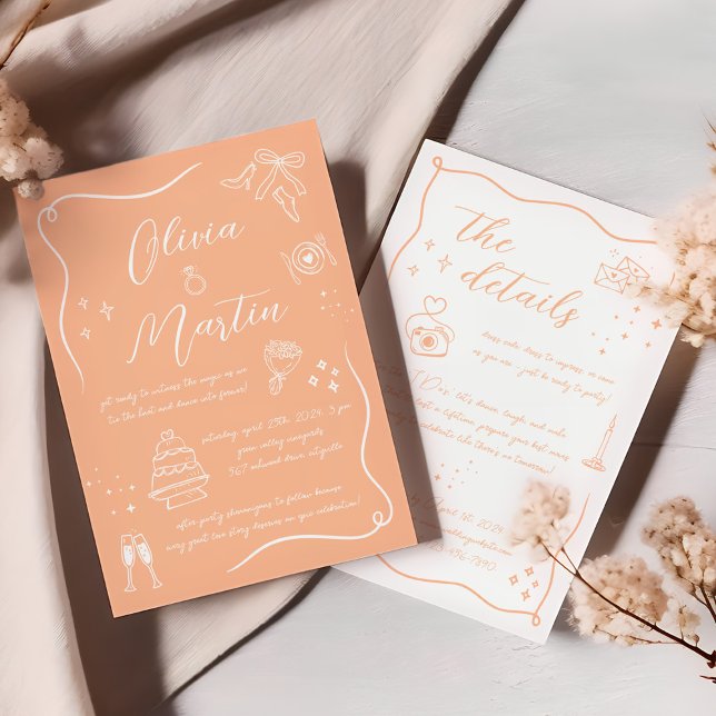 Hand drawn Fun Doodle Peach Wedding Invitation (Creator Uploaded)