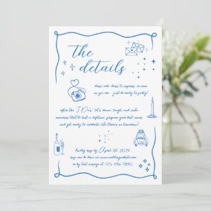 Hand drawn Fun Doodle White Blue Wed Details Card