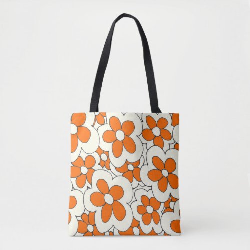 Hand drawn fun flower print orange white tote bag