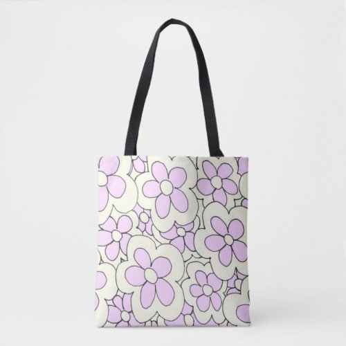 Hand drawn fun flower print pink white tote bag