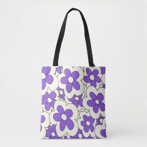 Hand drawn fun flower print purple white tote bag