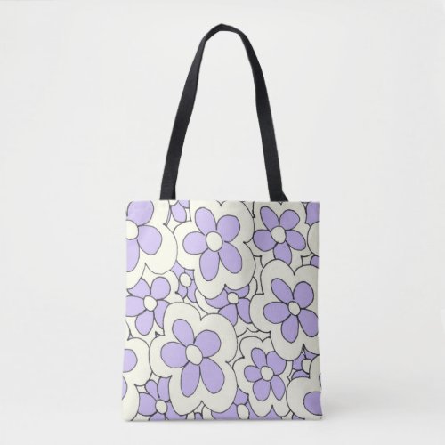 Hand drawn fun flower print purple white tote bag