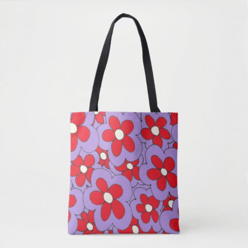 Hand drawn fun flower print red purple tote bag