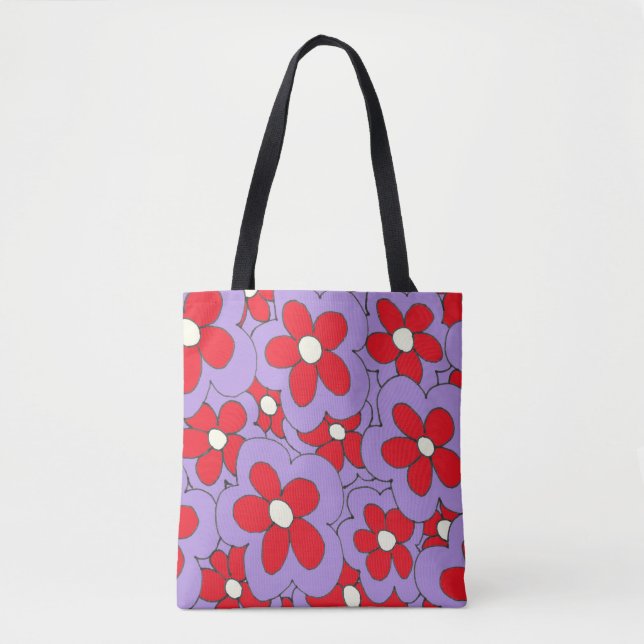 Hand drawn fun flower print red purple tote bag (Front)