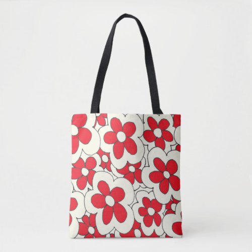 Hand drawn fun flower print red white tote bag