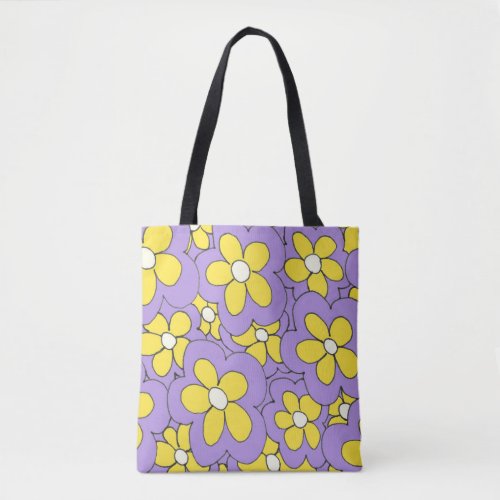 Hand drawn fun flower print yellow purple tote bag