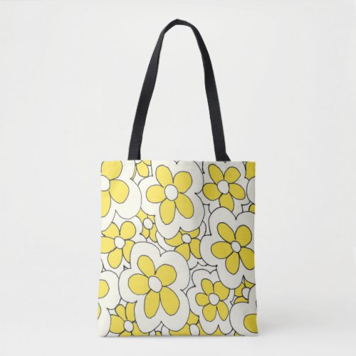 Hand drawn fun flower print yellow white tote bag