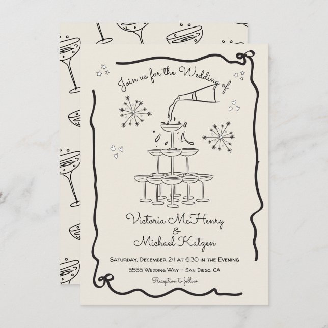 Hand drawn Funky Champagne tower Wedding Invitation (Front/Back)