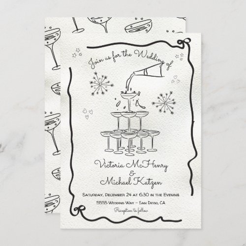 Hand drawn Funky Champagne tower Wedding Invitation