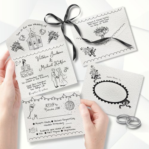 Hand Drawn funky Chapel doodle wedding All In One Invitation