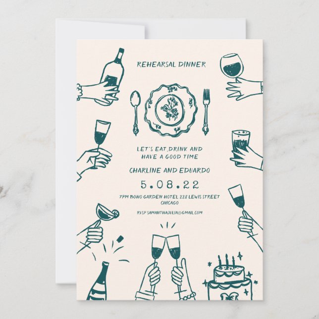 Hand drawn Funky Contemporary Rehearsal Dinner Invitation (Front)