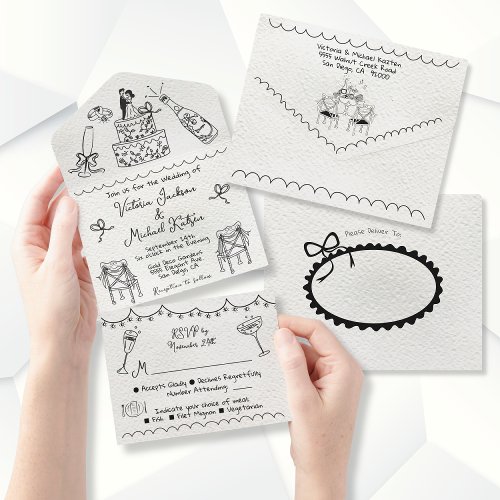 Hand Drawn funky doodle wedding All In One Invitation