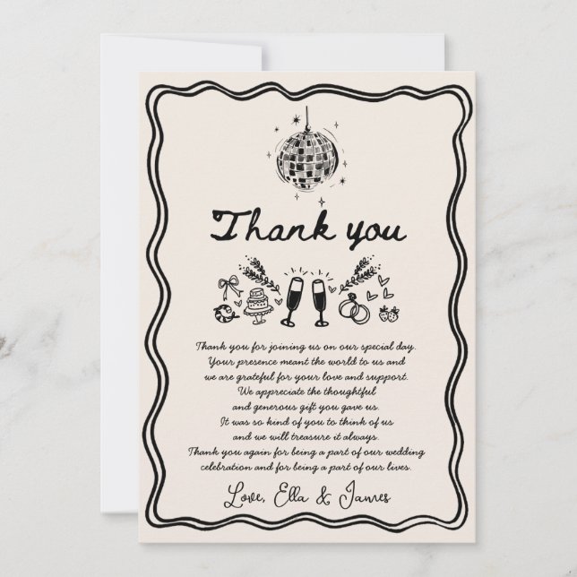 Hand Drawn Funky Drawing Wedding Thank You Card (Front)