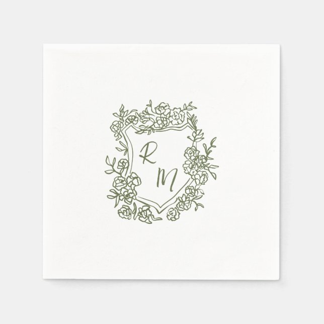 Hand Drawn Funky Floral Crest Monogram Wedding Napkins (Front)