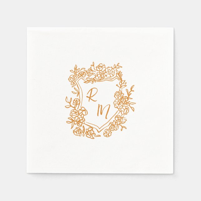 Hand Drawn Funky Floral Crest Monogram Wedding Napkins (Front)