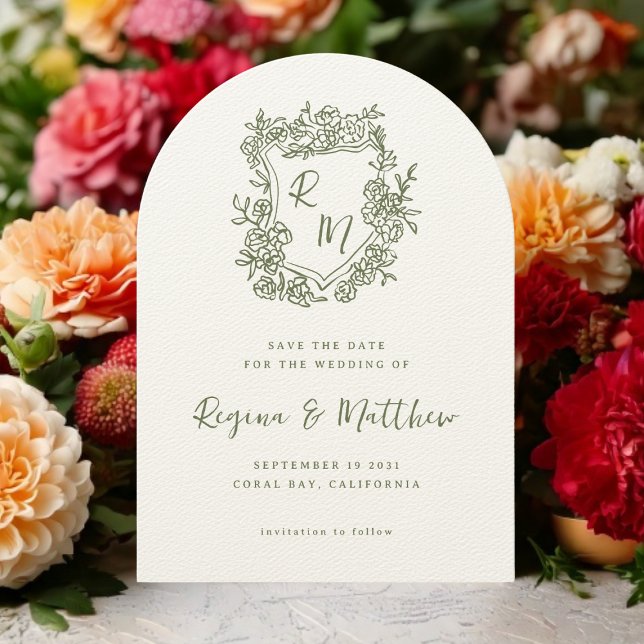 Hand Drawn Funky Floral Crest Monogram Wedding Save The Date (Creator Uploaded)