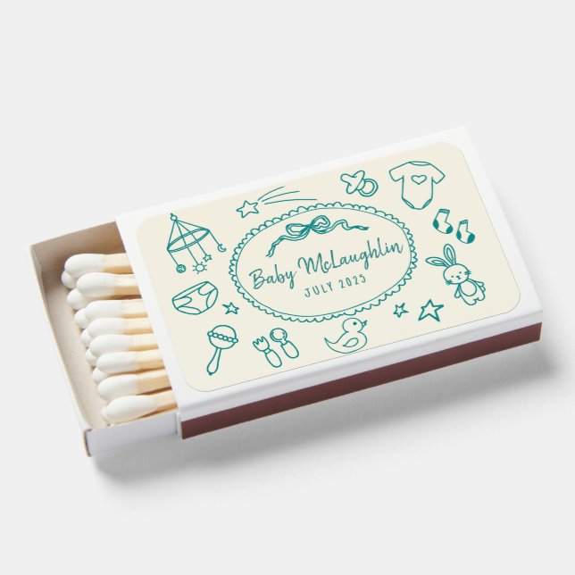 Hand Drawn funky Handwritten Baby shower Matchboxes (Front Open)