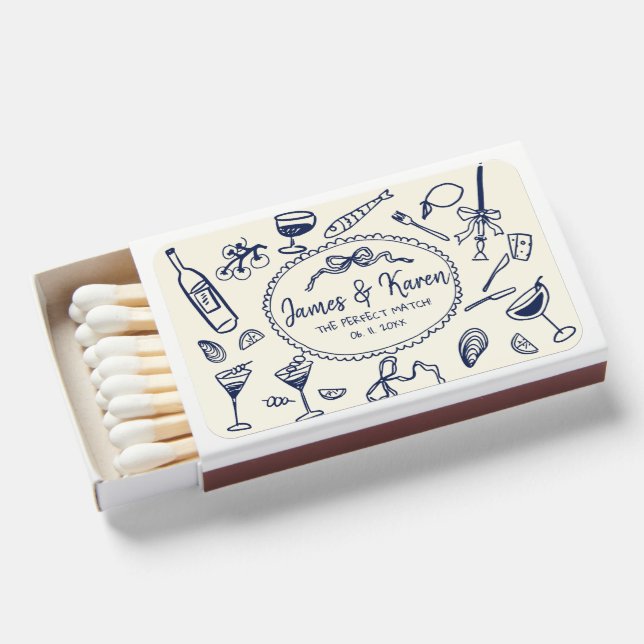 Hand Drawn funky Handwritten navy blue wedding Matchboxes (Front Open)