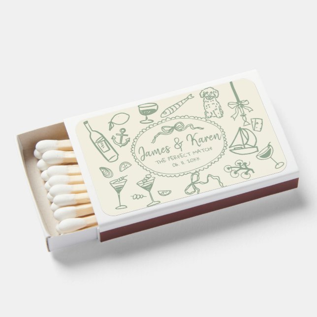 Hand Drawn funky Handwritten sage geen wedding Matchboxes (Front Open)