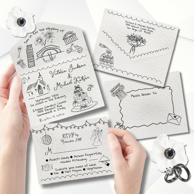 Hand Drawn funky Italy doodle wedding All In One Invitation (Creator Uploaded)