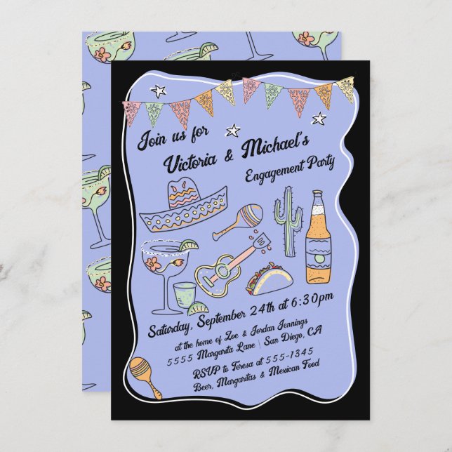 Hand Drawn Funky Mexican Fiesta Party Invitation (Front/Back)