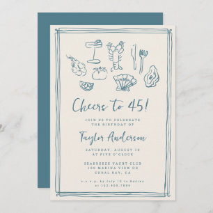 Hand Drawn Funky Nautical Beach 45th Birthday Invitation